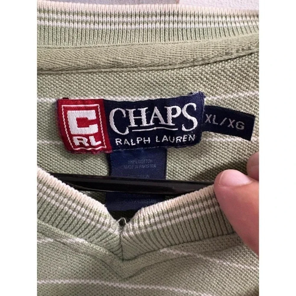 Chaps Ralph‎ Lauren Mens XL Sage Green Striped V-Neck Pique Cotton Polo Shirt
